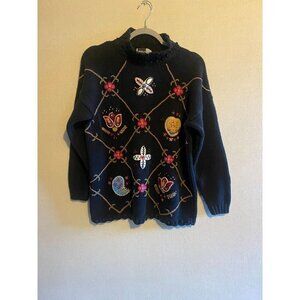 Rare Vintage 90's Boho Black Long Sleeved Tunic Sweater with Embroidered Crewelw